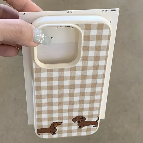 Dachshund Plaid Phone Case For iPhone Brown Checkerboard Two Dogs Design Leather Soft Cover