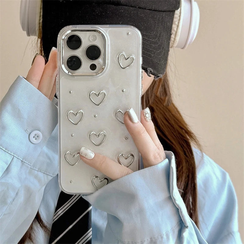 Fashion Metal Silver Love Heart Epoxy Glitter Phone Case
