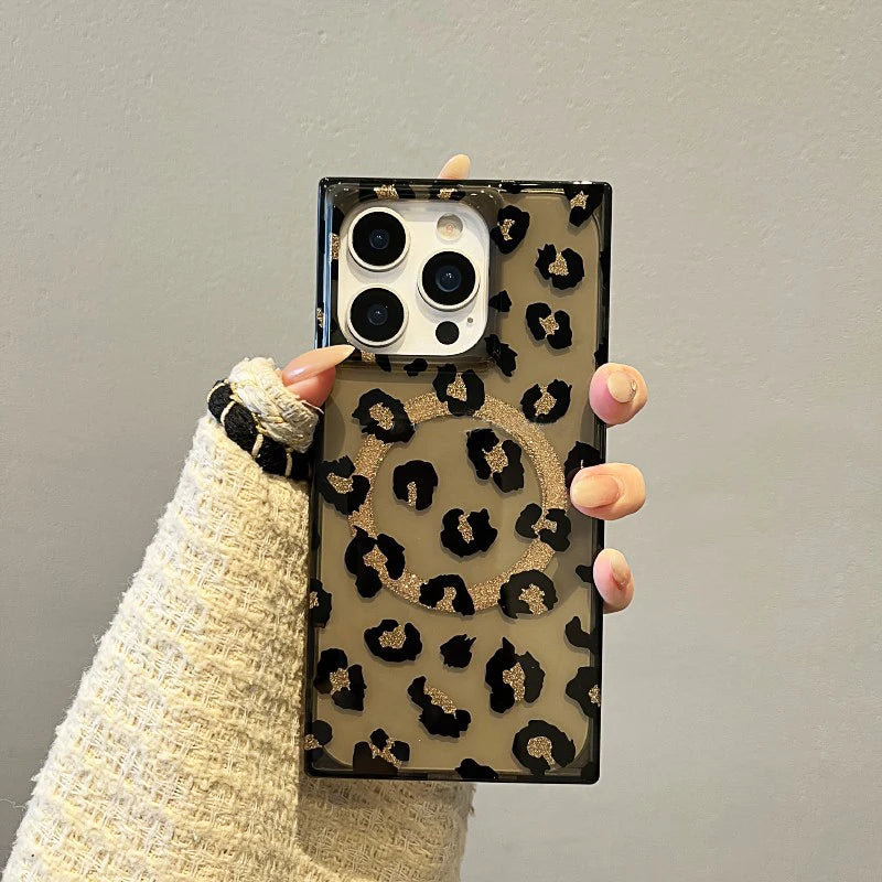 Stylish Rectangle Border Leopard Magnetic Wireless Charge Phone Case