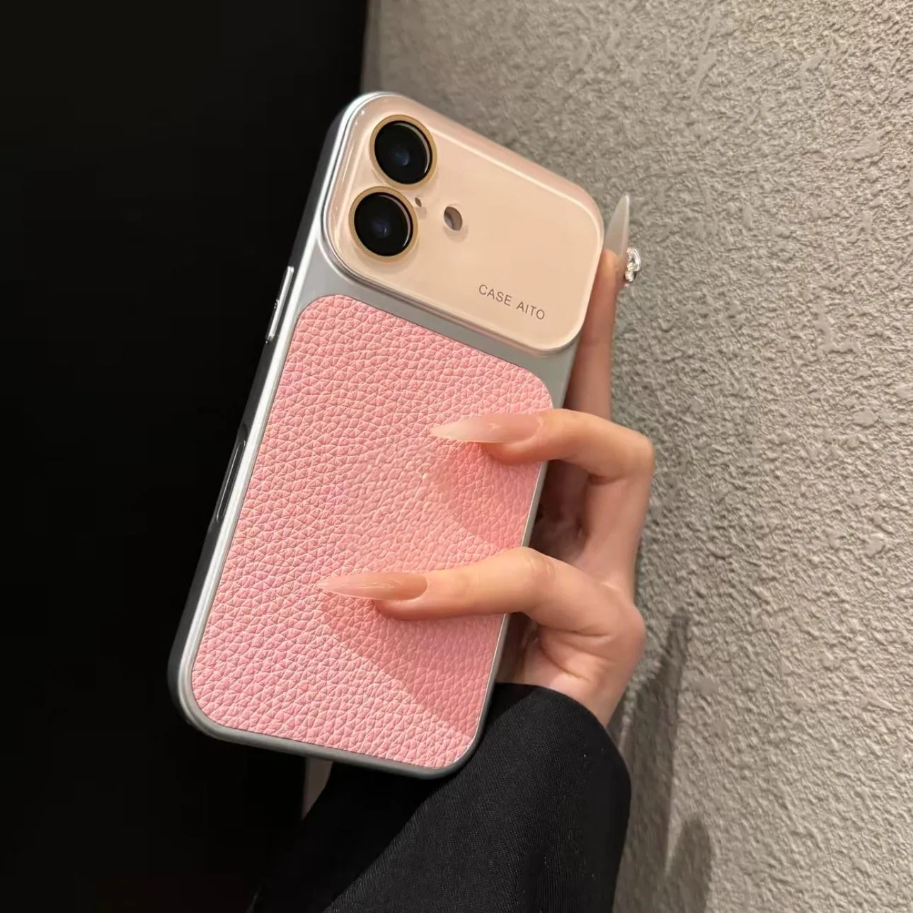 Creative Large Window Color Blocking PU Leather Case For iPhone Glass Lens Protective Cover Fundas