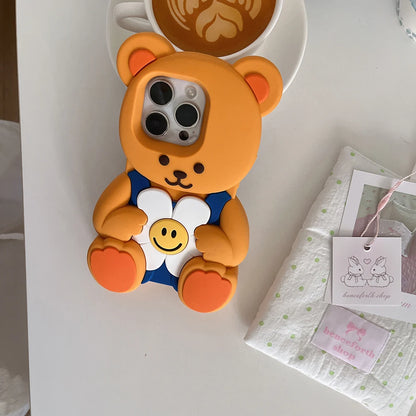 Kawaii 3D Cartoon Floral Teddy Bear Soft Silicone Case For iPhone