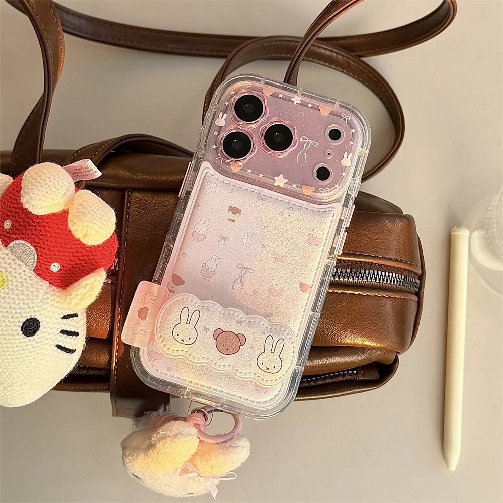 Kawaii Bear Rabbit Phone Case With Stand For iPhone Cases With Plush Pendant Cartoon Fundas Cute Case
