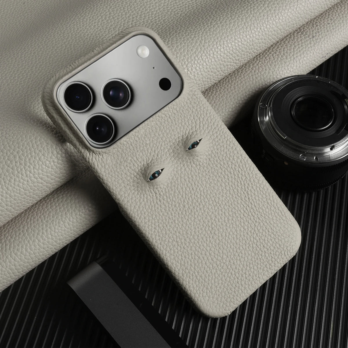 With Eyes Lychee Genuine Leather Case For iPhone