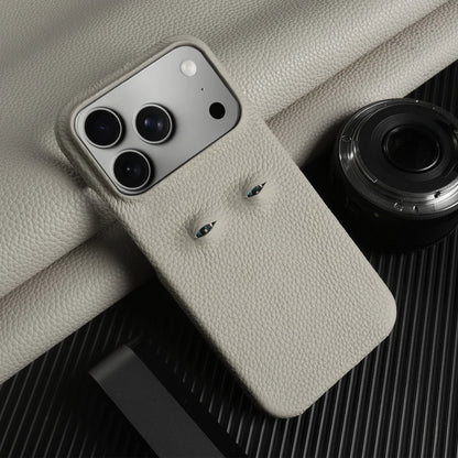 With Eyes Lychee Genuine Leather Case For iPhone