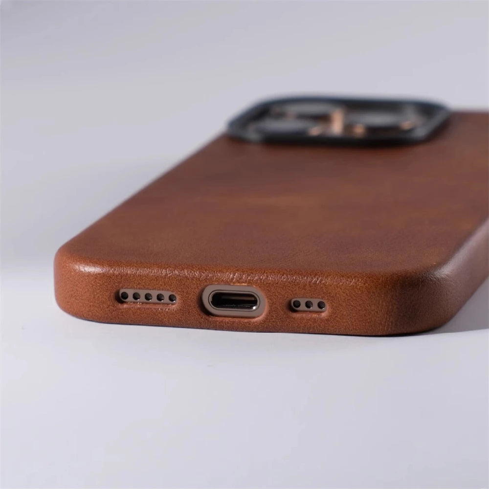 Luxury Retro Leather MagSafe iPhone Case with Magnetic Alloy Lens Cover