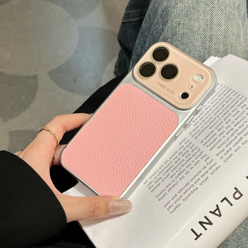 Creative Large Window Color Blocking PU Leather Case For iPhone Glass Lens Protective Cover Fundas