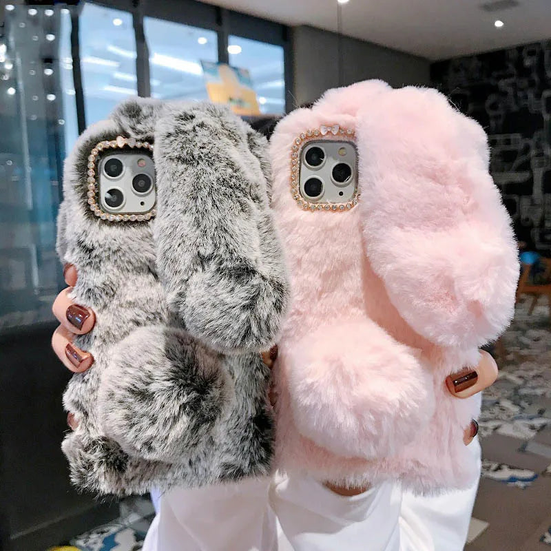 Plush Warm Case For iPhone Cute Long Rabbit Ears Furry Fluffy Fur Cover