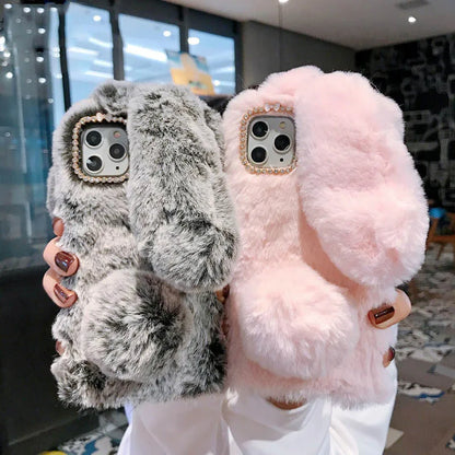 Plush Warm Case For iPhone Cute Long Rabbit Ears Furry Fluffy Fur Cover