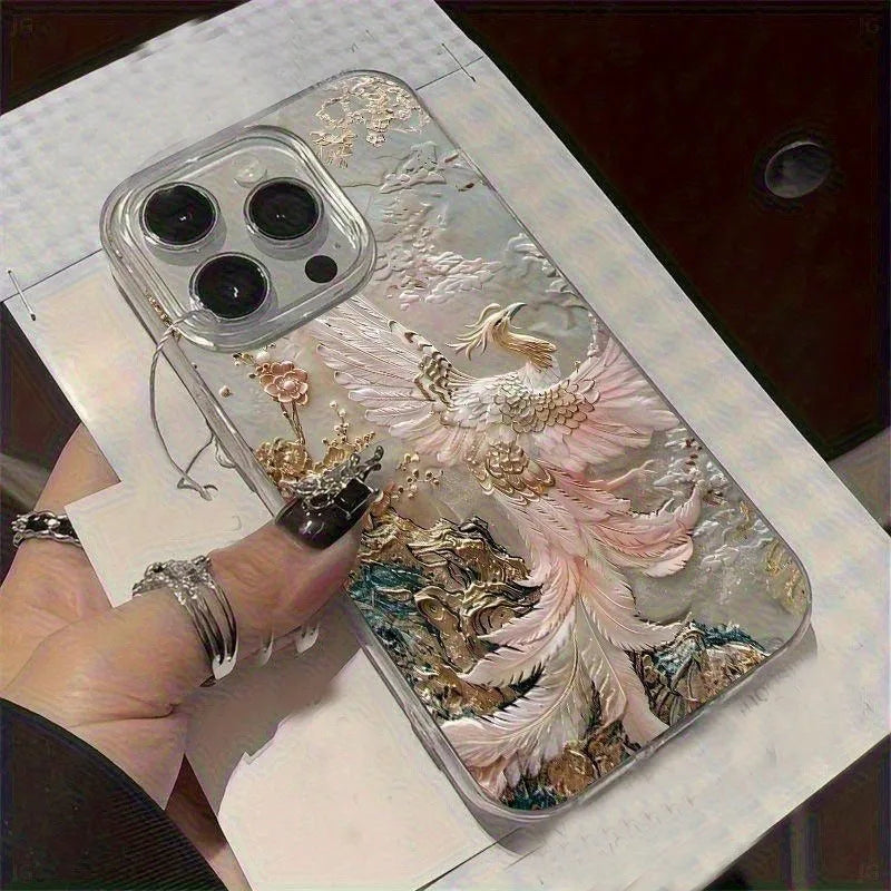 High End Feather Yarn Phoenix Pattern Design Phone Anti Drop Protective Case For iPhone