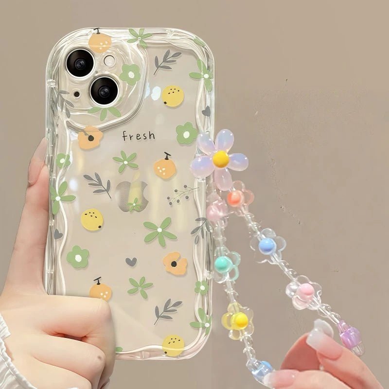 Phone Case For iPhone Back Cover Flower Bracelet Wrist Chain Strap