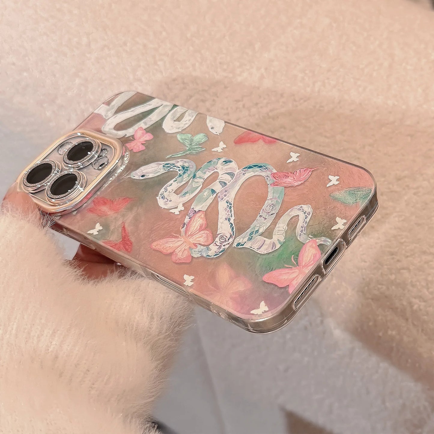 Pink Snake Butterfly Camlet Phone Case For iPhone