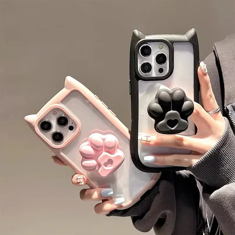 Cute Cat Ear Claw Grip Tok Holder Phone Case Acrylic Transparent Cover