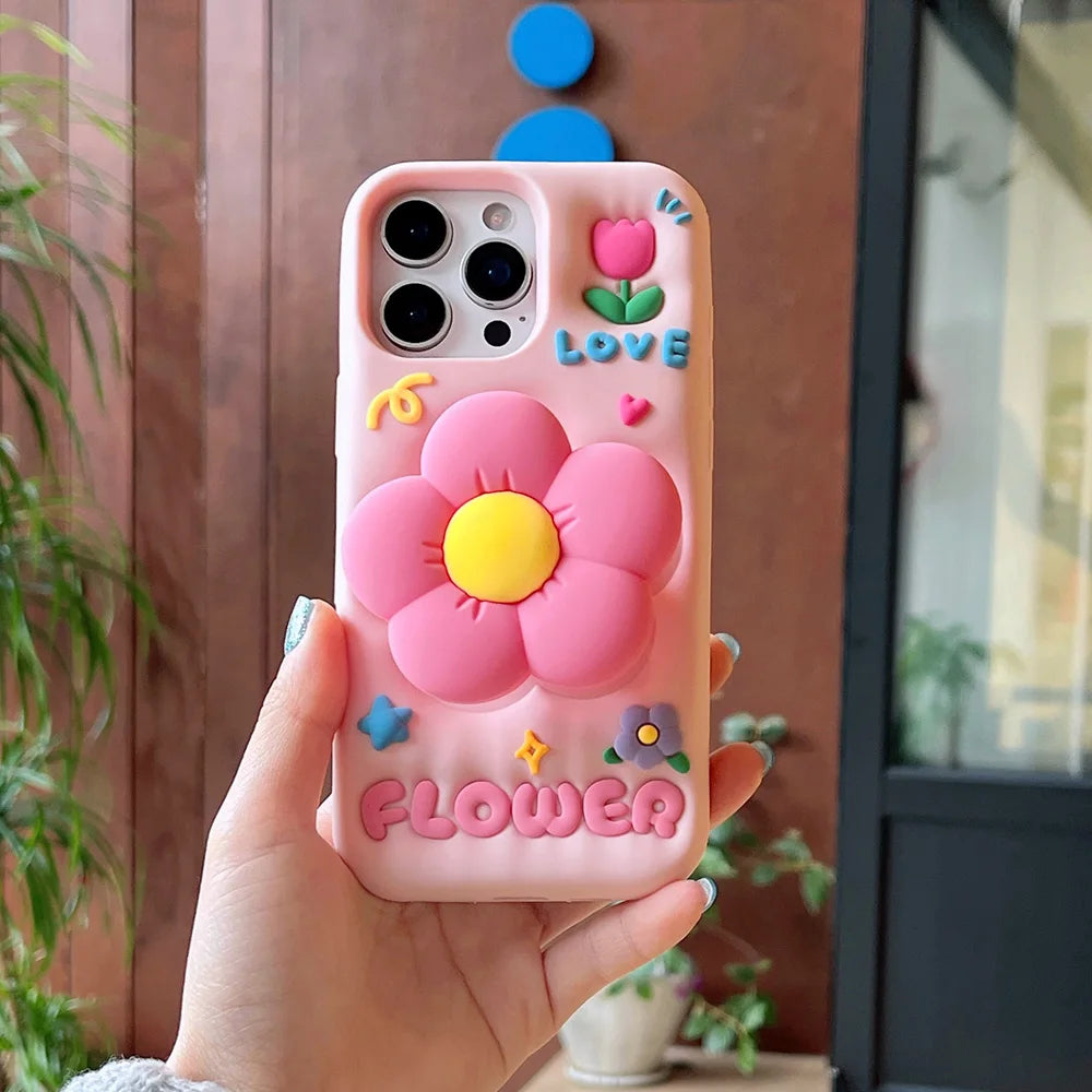 Kawaii 3D Cartoon Rabbit Floral Bracket Soft Silicone Phone Case