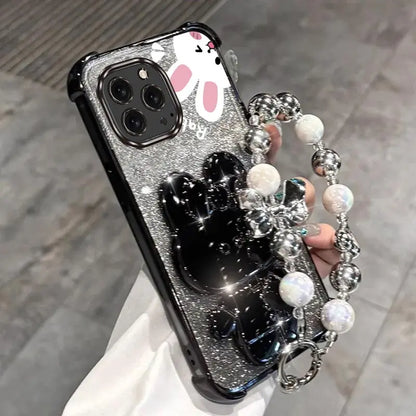 Airbag Glitter Mirror Rabbit Phone Holder Case On For iPhone