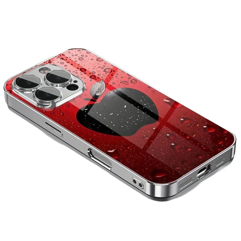 Advanced Lucky Red Water Drop Apple Pattern For iPhone Case Plating Silver Glass Design