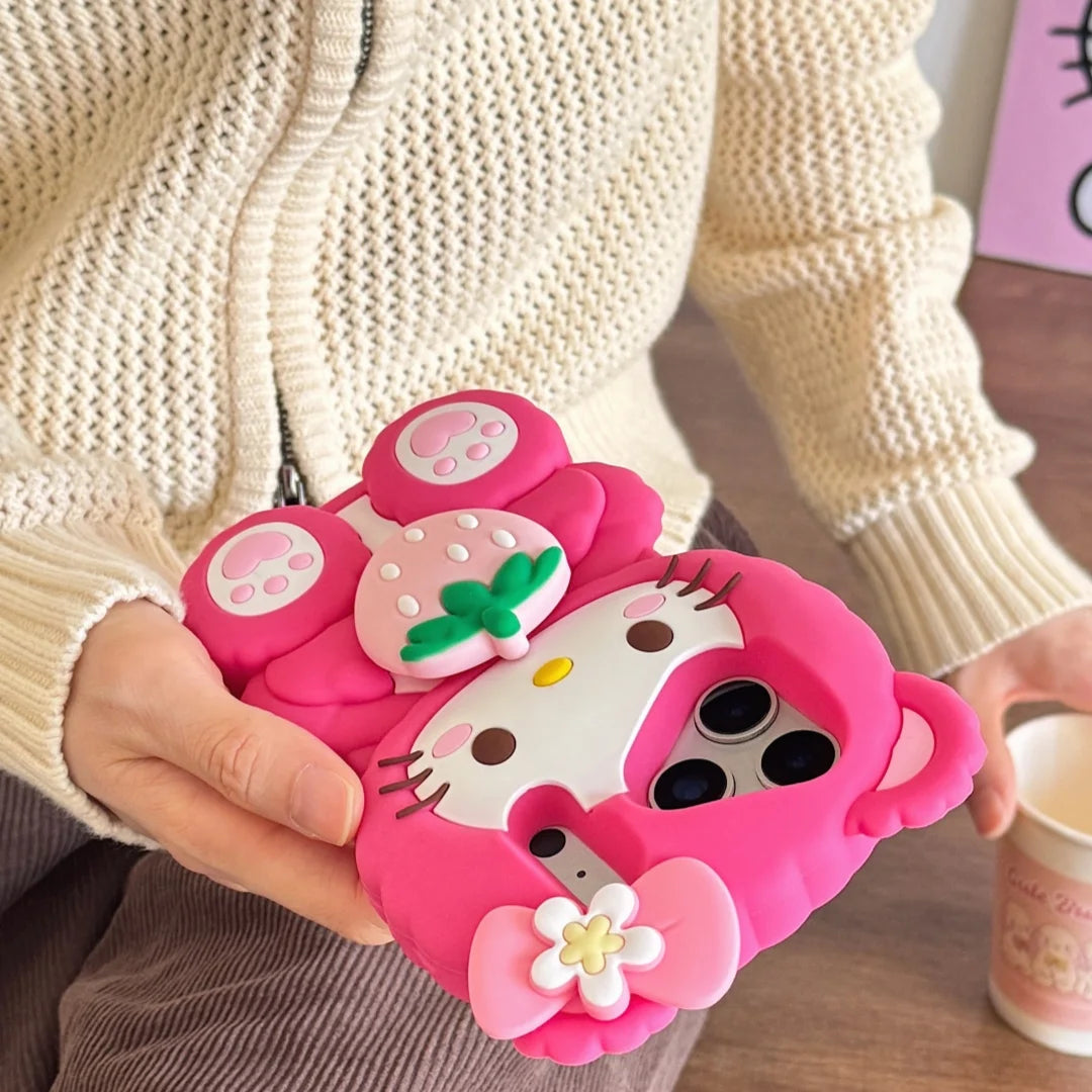 Korea Cute Bowknot Strawberries Sanrio Kitty Cat 3D Silicone Soft Phone Case For iPhone