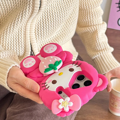 Korea Cute Bowknot Strawberries Sanrio Kitty Cat 3D Silicone Soft Phone Case For iPhone