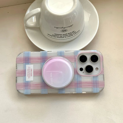 Fresh Simple Pink Blue Grid Pattern With Holder Magnetic Wireless Charging Phone Case