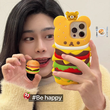 Cute 3D Cartoon Rilakkuma Hamburger Soft Silicone Case Shockproof Cover For iPhone