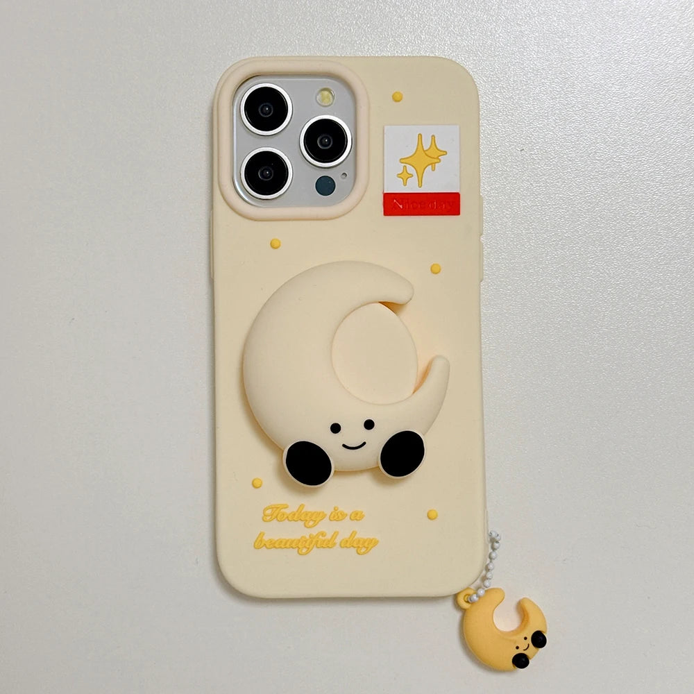 Kawaii Smile Moon Star Case Soft Silicone Cover With Holder Pendant For iPhone