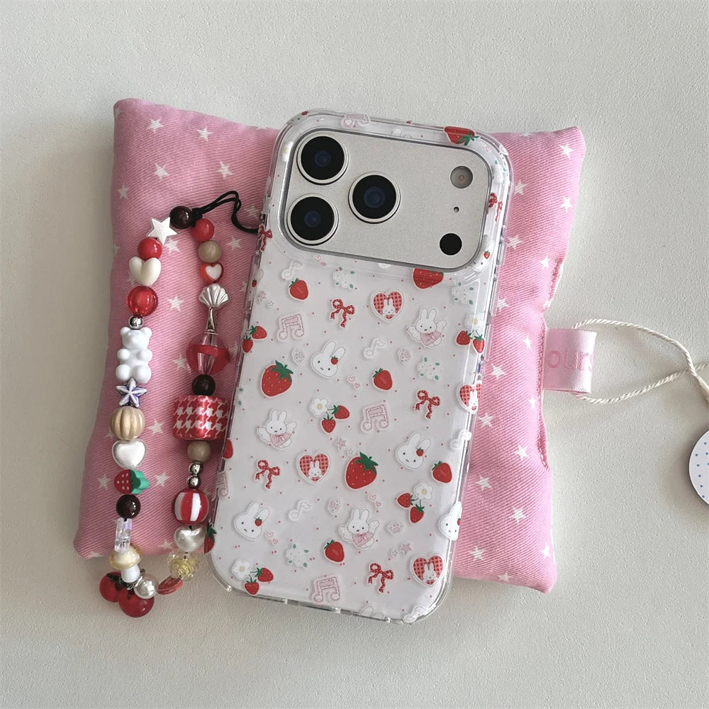 Cute Strawberry Rabbit Phone Case For iPhone Cover With Polka Dots Cartoon Shockproof Fundas With Hinge