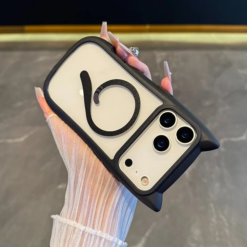 For Magsafe Cartoon Cat Ear Transparent Case For iPhone Magnetic Wireless Charging Cover