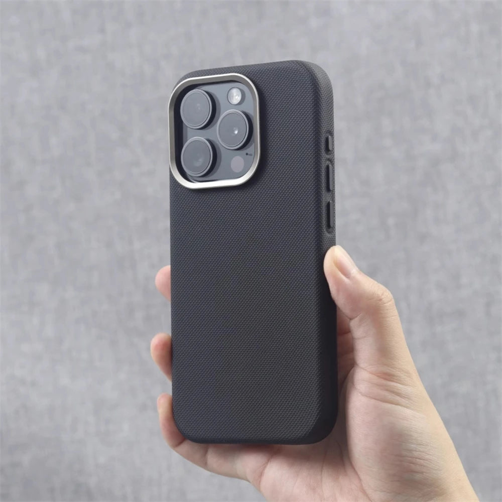 Luxury Alloy Lens Frame Particle PU Leather Magnetic Case For iPhone