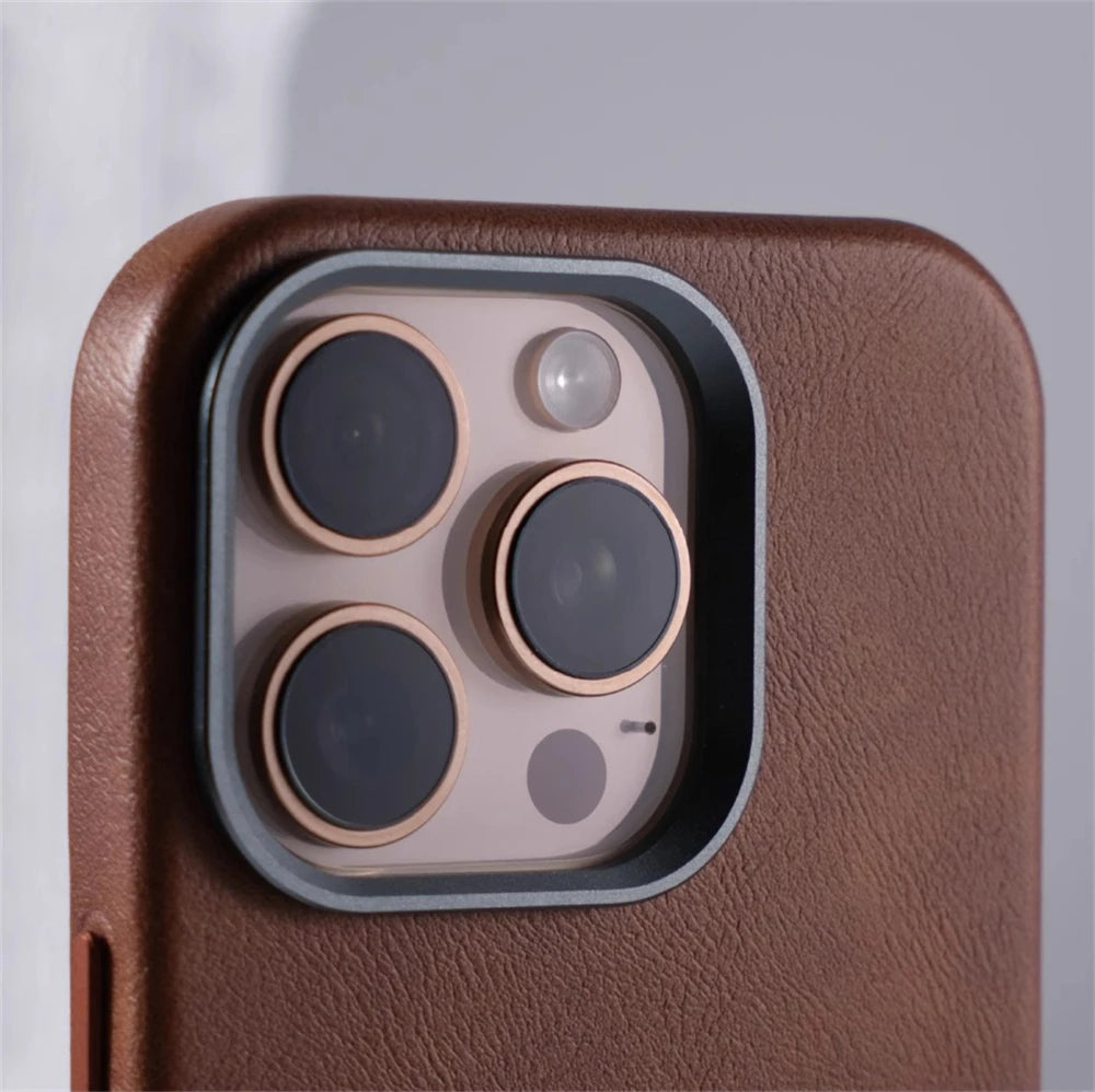 Luxury Retro Leather MagSafe iPhone Case with Magnetic Alloy Lens Cover