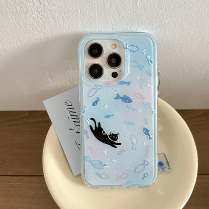 Cute Dreamy Gradient Blue Fish & Astronaut Cat Phone Case with Dangle For iPhone