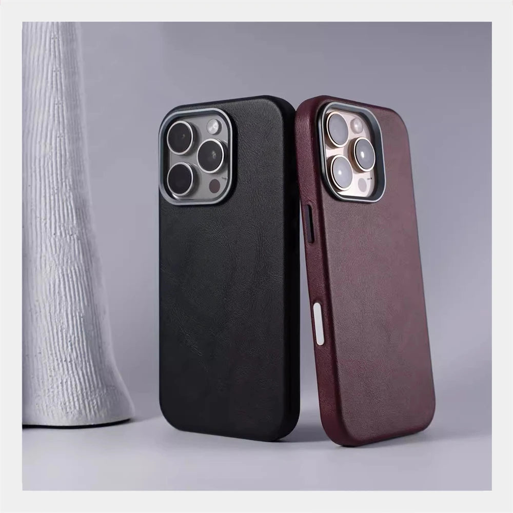 Luxury Retro Leather MagSafe iPhone Case with Magnetic Alloy Lens Cover