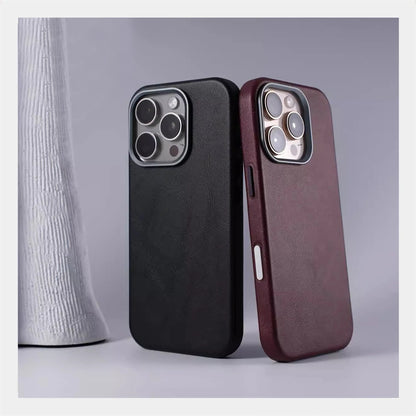 Luxury Retro Leather MagSafe iPhone Case with Magnetic Alloy Lens Cover