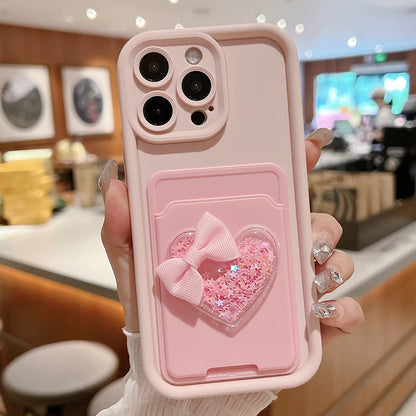 Lovely 3D Love Heart Card Bag Holder Phone Case For iPhone Shockproof Candy Soft Cover