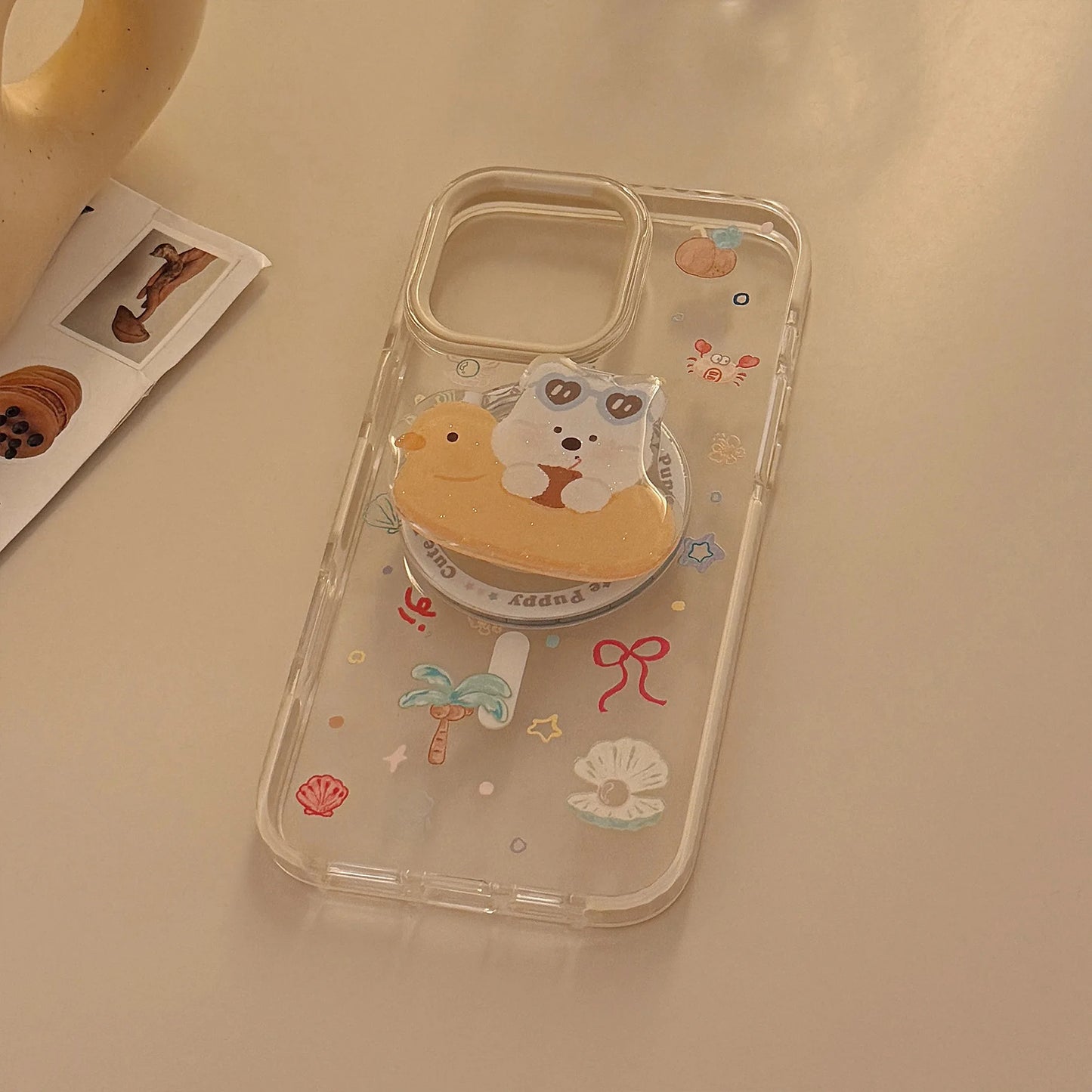 Summer Style Cute Cartoon Glitter Puppy Bracket Magnetic Phone Case For iPhone
