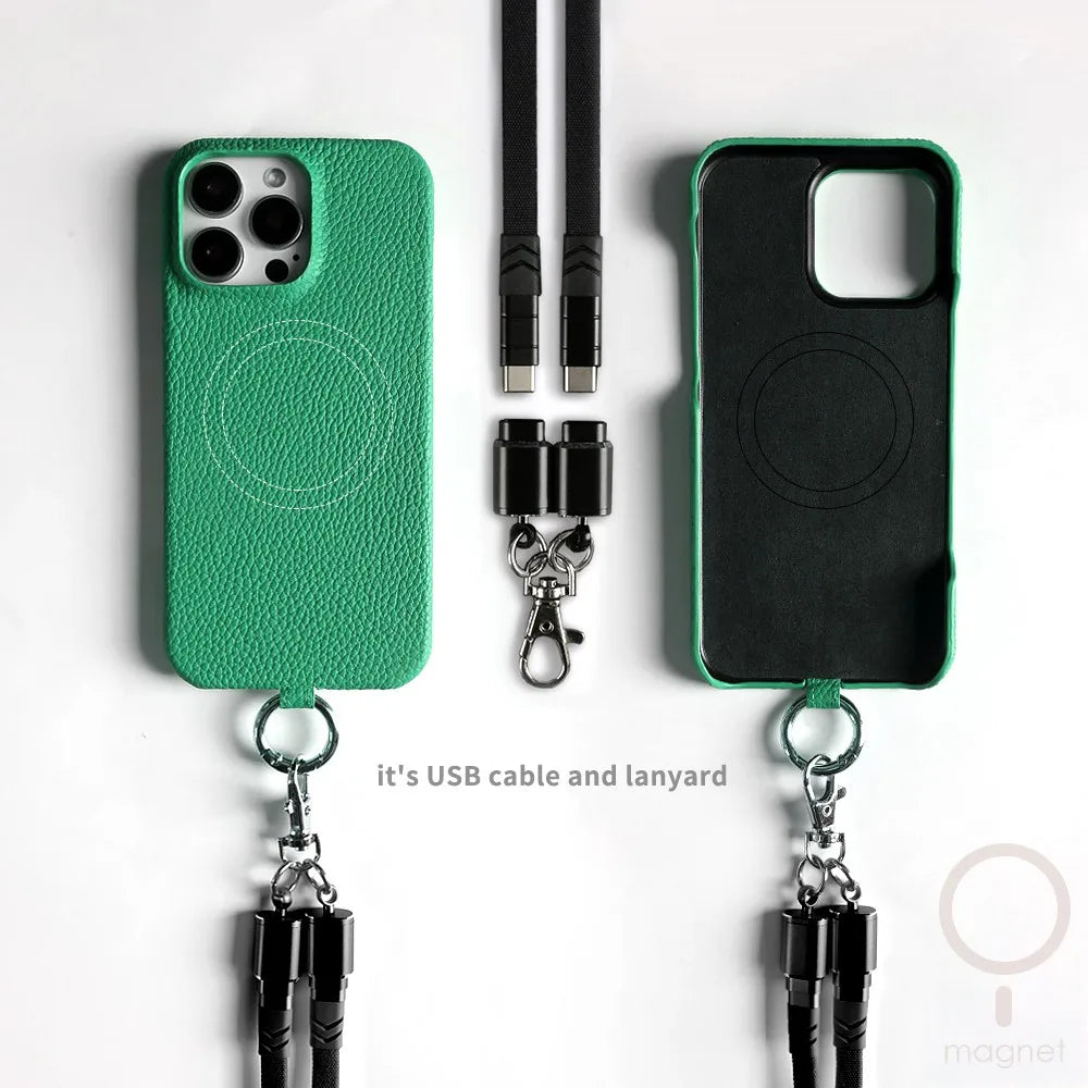 Versatile Lanyard Charging Cable Genuine Leather Phone Case For iPhone