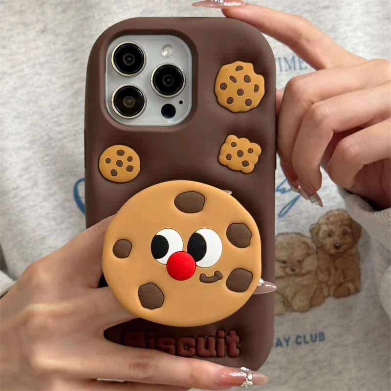 3D Cute Cartoon Chocolate Cookies Bracket Soft Silicone Phone Case For iPhone