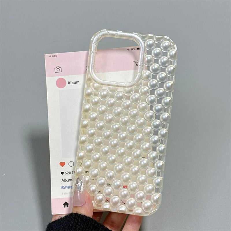 Fashion Macaron Color Hollow Out Pearl Beads Phone Case