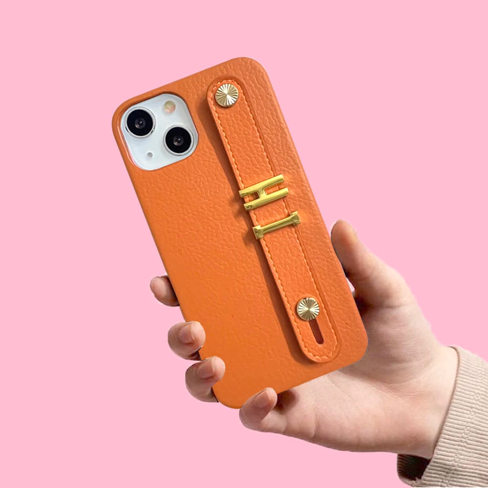Holding Strap Personalised Custom Name Gold Metal Letters Leather Phone Case For Iphone