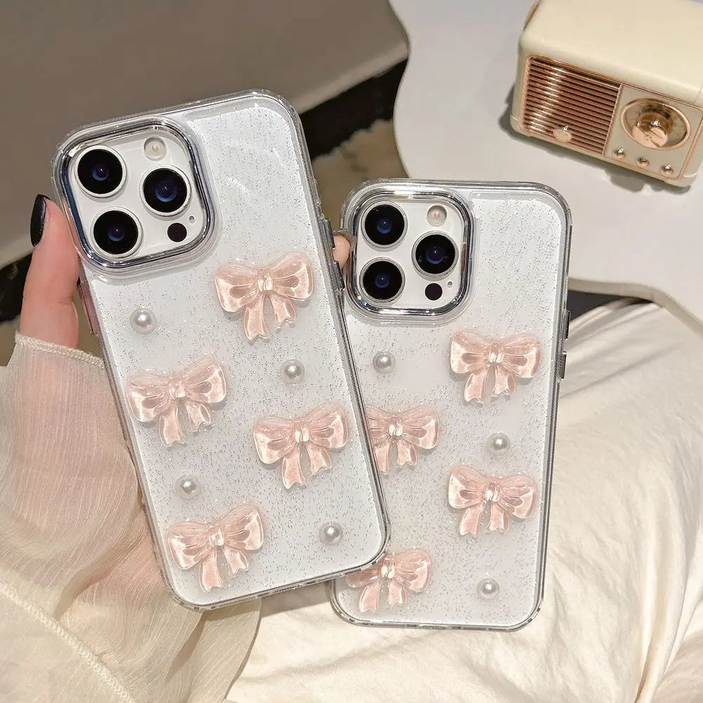 Korean Cute 3D Pink Bowknot Pearl Clear Phone Case For iPhone Shockproof Transparent Cover