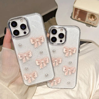 Korean Cute 3D Pink Bowknot Pearl Clear Phone Case For iPhone Shockproof Transparent Cover