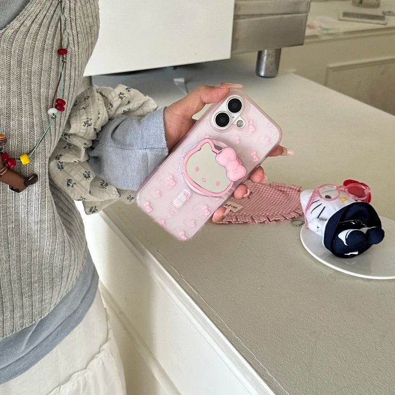 Cute Sanrio Hello Kitty Magnetic Magsafe Wireless Charge Phone Case For iPhone Mirror Grip Holder Cover