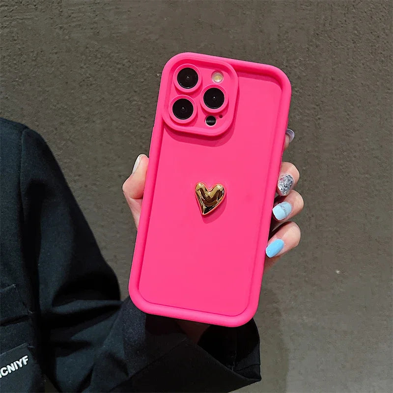 Luxury 3D Gold Heart Silicone Phone Case Shockproof Matte Cover For iPhone