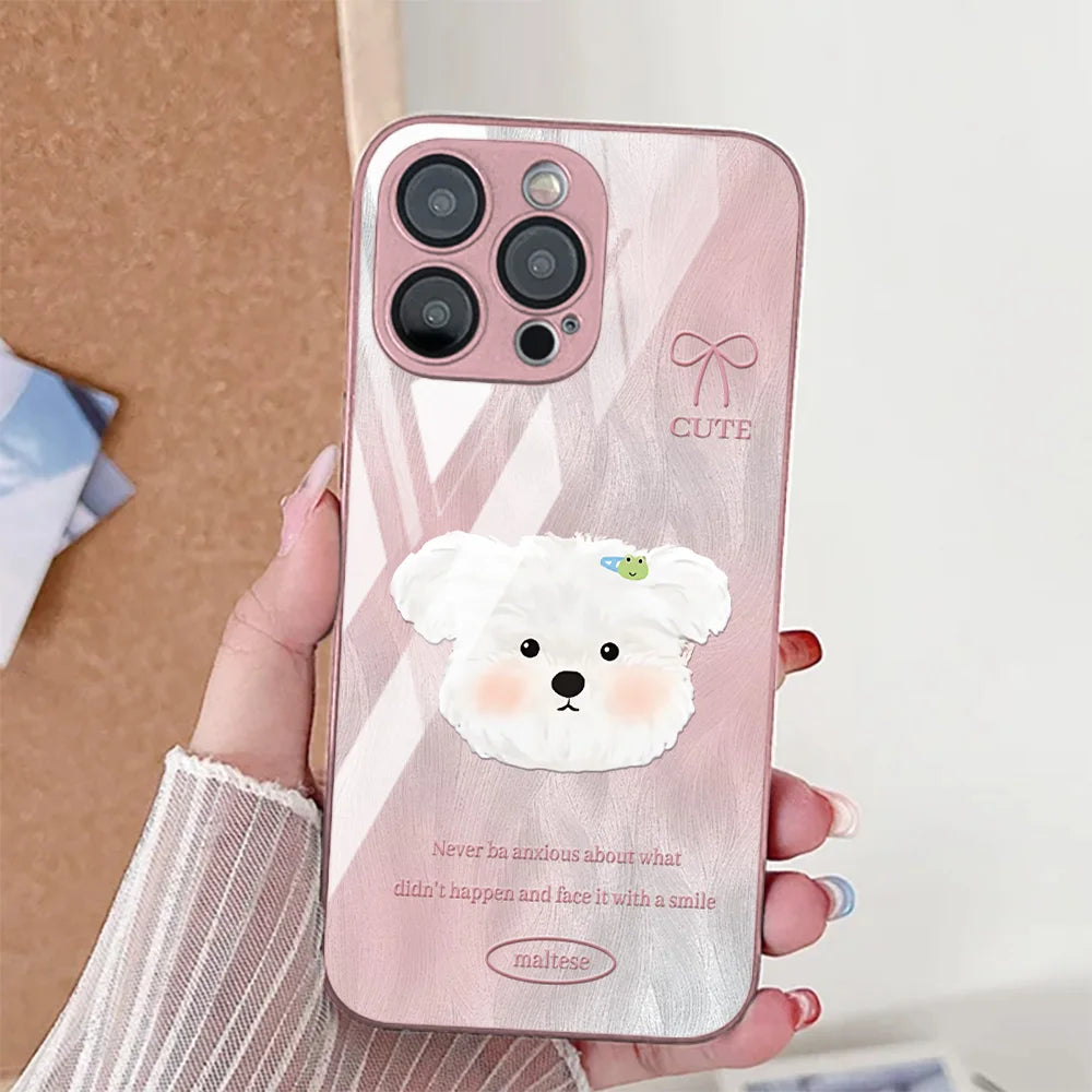 Cute Cat Phone Case For iPhone  Tempered Glass Shockproof Cover