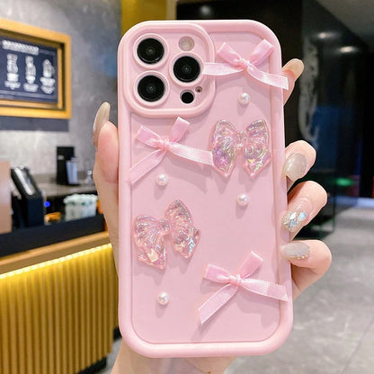 3D Bow Pearl Decorated Phone Case For iPhone Shockproof Silicone Soft Cover