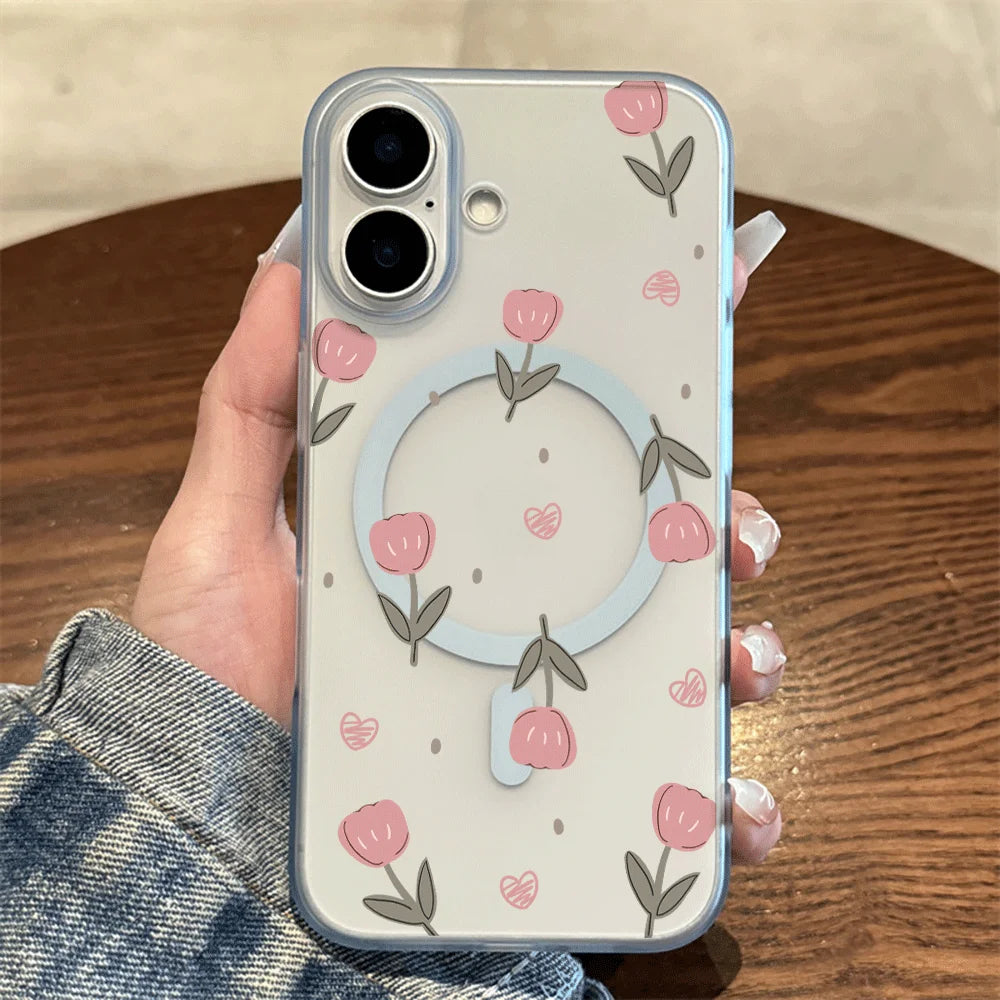 Pink Tulip Heart Tiny Dot Print Wireless Charging Phone Case For Magsafe iPhone