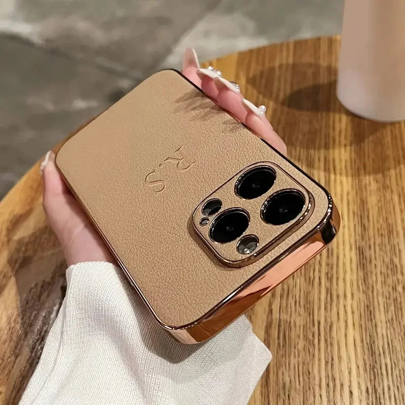 Personalised Customized Initials Name Case For iPhone Luxury Leather Plating Leather Cover