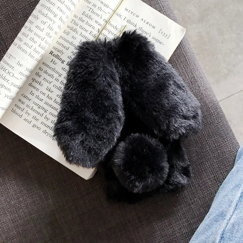 Plush Warm Case For iPhone Cute Long Rabbit Ears Furry Fluffy Fur Cover