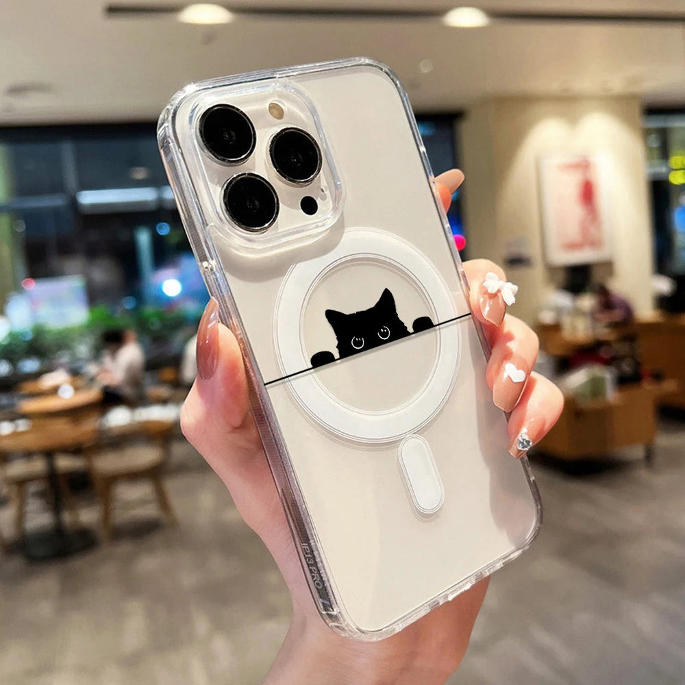 Cute Cat For Magsafe Wireless Charger Case For iPhone Magnetic Shockproof Clear Phone Cover