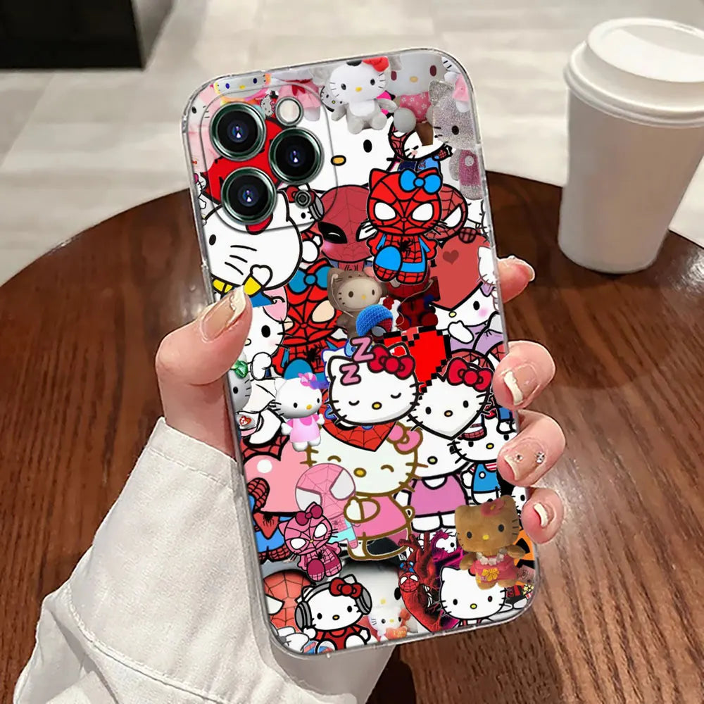 Spider Man Hellos Kittys Transparent Phone Case For iPhone