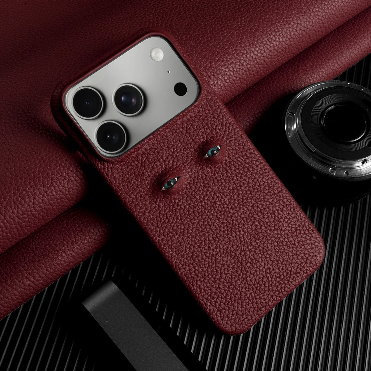 With Eyes Lychee Genuine Leather Case For iPhone
