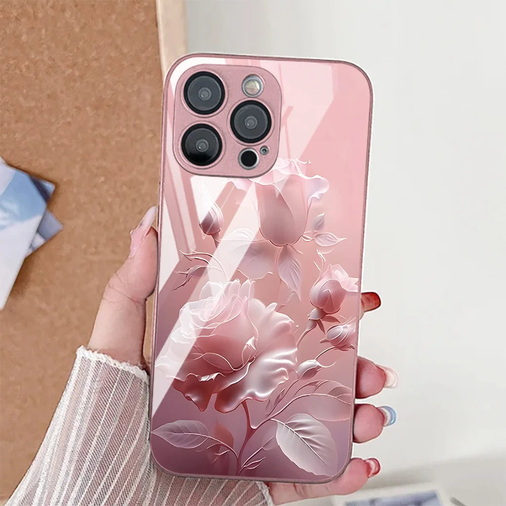 Flower Phone Case For iPhone  Shockproof Tempered Glass Cover